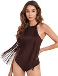 Verdusa Women's Western Boho Fringe Trim Sleeveless Bodycon Halter Bodysuit Top Cowboy Chic Outfits Coffee Brown Medium