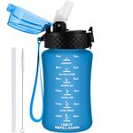 GOPPUS 350ml/12oz Kids Water Bottle With Straw Tritan Drinks Bottle with Strap Small Toddler Juice Bottles with Flip Top Lid Leakproof Children's Cup with Time Marking BPA free Girl Boy (Blue)