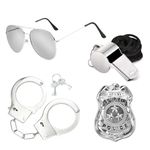 Kavoc 4 PCS Police Officer Role Play Costume Accessories Include Sunglasses Hand cuffs Badge Whistle for Adults Halloween Party Dress Up