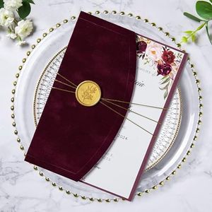 ponatia 20PCS Wedding Invitation Cards Kits - 5x7 Burgundy Velvet Invitation Cards with Envelopes, Wax Seals, Ribbons For Wedding, Baby Shower, Birthday, 15 XV Anos, Quinceanera Invitation