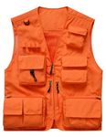 Flygo Men's Casual Lightweight Outdoor Fishing Work Safari Travel Photo Cargo Vest Jacket Multi Pockets, Orange, Medium