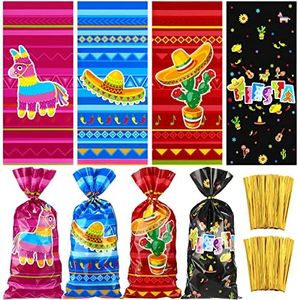 120 Pieces Mexican Party Treat Bags Mexican Theme Party Favor Cello Plastic Candy Goodie Bag with 150 Golden Twist Ties for Party Supplies (Mexican Fiesta Style)