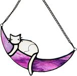 PALJOLLY White Cat Memorial Gifts for Loss of Cat Art Stained Glass Window Hanging Suncatcher for Cat Lovers, Stained Glass Cat Dream on Purple Moon, Cat Decor Indoor Window Ornaments