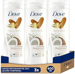 Dove Crema Hidratante Corporal Restauradora Con Aceite de Coco 100 por ciento Natural y Leche de Almendras para Piel Seca, Pack de 3 x 400 ml, Multicolor