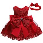 Eledobby Baby Girls Dress Christening Baptism Party Formal Dress with Headwear Baby Flower Girl Wedding Dress 6-12 Months,Red