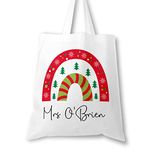 Personalised Teacher Bag with Customisable Name, Christmas Teacher Gifts, Custom Leaving End of Term Gift Bag, Teacher Tote Bag with Any Name, Xmas Rainbow Tote Bag, School Leaving Gift