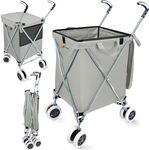 Wellmax WM99100 Series Folding Shopping Cart with Wheels, Grocery Cart with Removable Canvas with Cover, Lightweight Utility Cart for Groceries and Laundry - Holds up to 120 lbs (Gray)