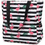 Leaper Travel Tote Bag Wear-Resistant Portable and Foldable Shoulder Bag for Gym, Beach, Travel and Daily Use, Flamingo-Black Striped