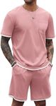 COOFANDY Men's Waffle Shirt and Shorts Set 2 Piece Outfits Casual Summer Tracksuits Set with Pockets, Pink, X-Large