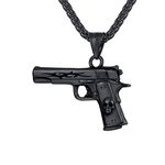 U7 Black Plated, M9 Gun Pendant & Resizable Wheat Chain(20"+2") Necklace, Adorn with Skull Head, Stainless Steel Weapon Jewelry for Men Beretta M9 Pistol/Handgun Necklace, GP3248H