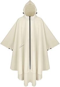 PTEROMY Hooded Rain Poncho for Adult with Pocket and Zipper, Waterproof Lightweight Raincoat for Men and Women (Beige)
