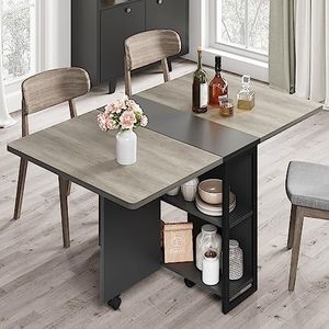 Amyove Folding Dining Table Drop Leaf Table for Small Spaces, Versatile Collapsible Dinner Kitchen Office Table with 2 Storage Racks, Space Saving Foldable Extendable Desk Dinning Room Furniture