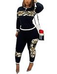 Womens 2 Piece Jogger Outfits, Camouflage Long Sleeve Pullover Tops Skinny Pants Tracksuit Set Brown L