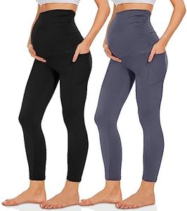 QGGQDD 2 Pack Maternity Leggings Over The Belly with Pockets, Womens Black High Waisted Workout Pregnancy Pants