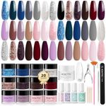 Aokitec 36PCS Dip Powder Nail Kit with Build Powder - 20+1 Colours Silver Black Pink Glitter Dipping Powder Dip Liquid Set Base Activator Top Coat Brush Saver for French Nail Art Starter Nail Kit