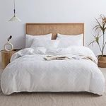 JELLYMONI Bright White Duvet Cover Full Size - 3 PCS Microfiber Tufted Duvet Cover Set, Boho Textured Duvet Cover Jacquard Rhombus Geometric Pattern Duvet Cover with Corner Ties & Zipper Closure