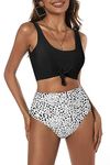 ZAFUL Women's High Waisted Bikini Scoop Neck Swimsuit Two Pieces Bathing Suit, Black&white-dalmatian, Medium