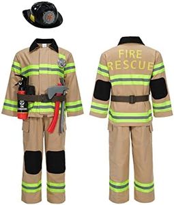 Kosgraiy Firefighter Costume for Kids,Tan Fireman Costume for Boy and Girl,Kds Fire Chief Costume Outfit,Halloween,9pcs,Size S for Children 3-4Years