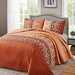 Boho Quilt Set King Size Burnt Orange Bedding Bedspread Reversible Geometric Aztec Pattern Soft Lightweight Microfiber Bohemian Coverlet Set for All Season 3 Pieces 90"x103"