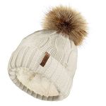 TOSKATOK Ladies Chunky Soft Cable Knit Hat with Cosy Fleece Liner and Detachable Faux Fur Pompom-Natural