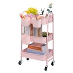 DOEWORKS 3-Tier Storage Cart Rolling Kitchen Trolley Cart, Metal Utility Shelves with Wheels for Room Makeup Bathroom Office, Pink with 3 Cups