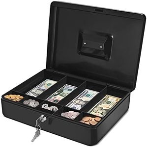 Flexzion Cash Box with Money Tray and Lock - Metal Cash Box for Small Businesses, 9-Compartment Black Money Box with Lock and Key for Petty Cash, Checks, Coins, Portable Money Box for Cash Storage