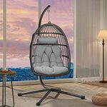 YITAHOME Rattan Swing Egg Chair, Max. load 150 kg, Hanging Egg Chair with Cushion & Stand, Basket 105x72x74 cm Garden Egg Chair Sturdy Steel Frame for Indoor & Outdoor, Black Egg Chair & Grey Cushion