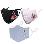 MASQ By Q-One Floral 4 Layer, Reusable, with Ear Adjusters, Anti-Bacterial (BFE>99%) Embroidered Cotton Cloth Face Mask Combo for Women, Girls (includes Mask bag)(Medium, Black-Blue-Pink, Pack of 3)