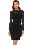 Allegra K Women's Elegant Floral Lace Boat Neck Wedding Party Cocktail Bodycon Pencil Dress Black L-16