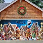 Preboun 7 x 16 ft Christmas Gingerbread House Garage Door Decoration Gingerbread Garage Door Banner Cover Peppermint Candy Cane Gingerbread Man Garage Backdrop for Xmas Eve Holiday Outdoor Wall Decor