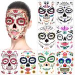 Halloween Face Temporary Tattoos (8Pack), Howaf Day of the Dead Sugar Skull Floral Black Skeleton Web Red Roses Transfers Face Tattoo for Women Men Adult Kids Halloween Party Favor Supplies