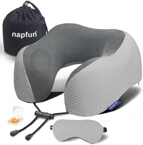 napfun Neck Pillow for Traveling, Upgraded Travel Neck Pillow for Airplane 100% Pure Memory Foam Travel Pillow for Flight Headrest Sleep, Portable Plane Accessories, Striped Light Grey