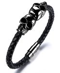 HALUKAKAH ● Assassin ● Men's Genuine Leather Bracelet with Titanium Skull Heads Magnetic Clasp 8.46"/21.5cm(Black)