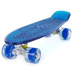 Penny Board Cruiser Skateboard by Land Surfer - 22 Inch Adults and Kids Skateboard For Street and Skatepark With Skateboard Bag - Clear Blue Board/LED Light Up Blue Wheels