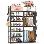 Finew Shoe Rack 7 Tiers, Metal Shoe Storage Organiser for Entryway Closet, Holds 24-28 Pairs Shoes Boots, Stand Shoe Shelf Cabinet with Hooks & Side Hanging Pockets for Hallway Bedroom Garage - Black