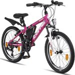 Licorne Guide Mountain Bike - 20 Inch - 18-Speed Gears, Fork Suspension - Children's Bicycle for Boys and Girls - Frame Bag, girls, pink/white