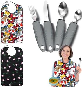 Adaptive Utensils with Adult Bibs - 4pcs Weighted Utensils Set (2.5oz Each) for Hand Tremors, Elderly, Parkinson's, Arthritis - Non-Slip Easy Grip Handles for Independent Eating