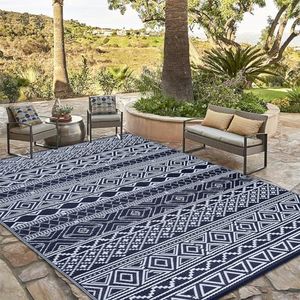 COZYLOOM Outdoor Rug 5x8 ft Waterproof Reversible Mat for Patio Clearance Camping RV Plastic Straw Rug Outside Indoor Outdoor Area Rug Boho Print Rug for Backyard, Deck, Picnic, Porch, Black&Navy