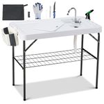 Dragosum Outdoor Sink Fish Cleaning Table Portable Camping Table with Faucet Hose Hook Up Grid Rack, Fish Fillet Camping Sink Table with 7pc Fish Cleaning Kit for Picnic Beach Patio