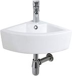 Wall Mount Corner Small Bathroom Sink with Overflow-Bokaiya 18x13 Inch Corner Vessel Sink Triangle White Porcelain Ceramic Wall Hung Mini Vanity Space Bathroom sink, Faucet and Drain Combo