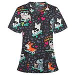 HKUOPW Tunic Tops for Women UK Cute Scrubs Uniforms for Women Ladies Uniform Casual Print Tops Uniform Plus Size V Neck Short Sleeve Workwear Blouse Shirt Top with Pockets