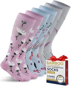 Pembrook Bamboo Viscose Light Compression Socks - 3 Pairs | 8-15 mmHg Light Compression Socks for Women and Men | Mens & Womens Light Compression Socks | Big Flowers
