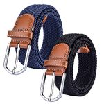 2 Pack Womens Stretch Canvas Braided Belt - Ladies Belts for Jeans, One Size (Blue+black)