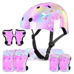 MHJY Kids Helmet and Pads Set with DIY Stickers Girls Bike Helmet Age 3-8 Years Unicorn Knee and Elbow Pads Adjustable Protective Gear for Children Cycle, Skateboard Scooter, Roller Skates