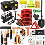 AUTODECO 98 PCS Roadside Car Emergency Assistance Kit with Portable Air Compressor Jumper Cables Safety Hammer All in One Pliers Tool Set