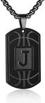 Basketball Initial A-Z Dog Tag Necklace for Men Basketball Charm Pendant Stainless Steel Chain 22+2 Inches Personalized Sports Athletes Jewelry Basketball Gift for Men(Black-J)