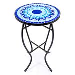 VONLUCE 21" Mosaic Plant Stand, 14 Inch Round Side Table with Ceramic Tile Top, Indoor and Outdoor Accent Table, Outdoor Patio Furniture, End Table for Garden Patio Living Room More, Blue