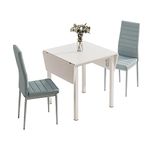 JEFFORDOUTLET Dining Table and Set of 2 Chairs, Drop Leaf Kitchen Table With Grey PU Leather High Back Chair