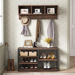 Tribesigns Coat Shoe Stand, Insustrial Coat Rack with Shoe Storage, Coat Rack Stand with Bench and Shoe Rack, 3 Storage Cubbies, 7 Hooks for Entryway, Hallway, 5-in-1Design, Rustic Brown