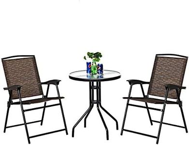 Goplus Patio Bistro Set, 3-Piece Patio Dining Furniture Set with Round Tempered Glass Table, 2 Foldable Chairs, Small Outdoor Folding Chairs & Table Set for Porch Garden Pool Yard